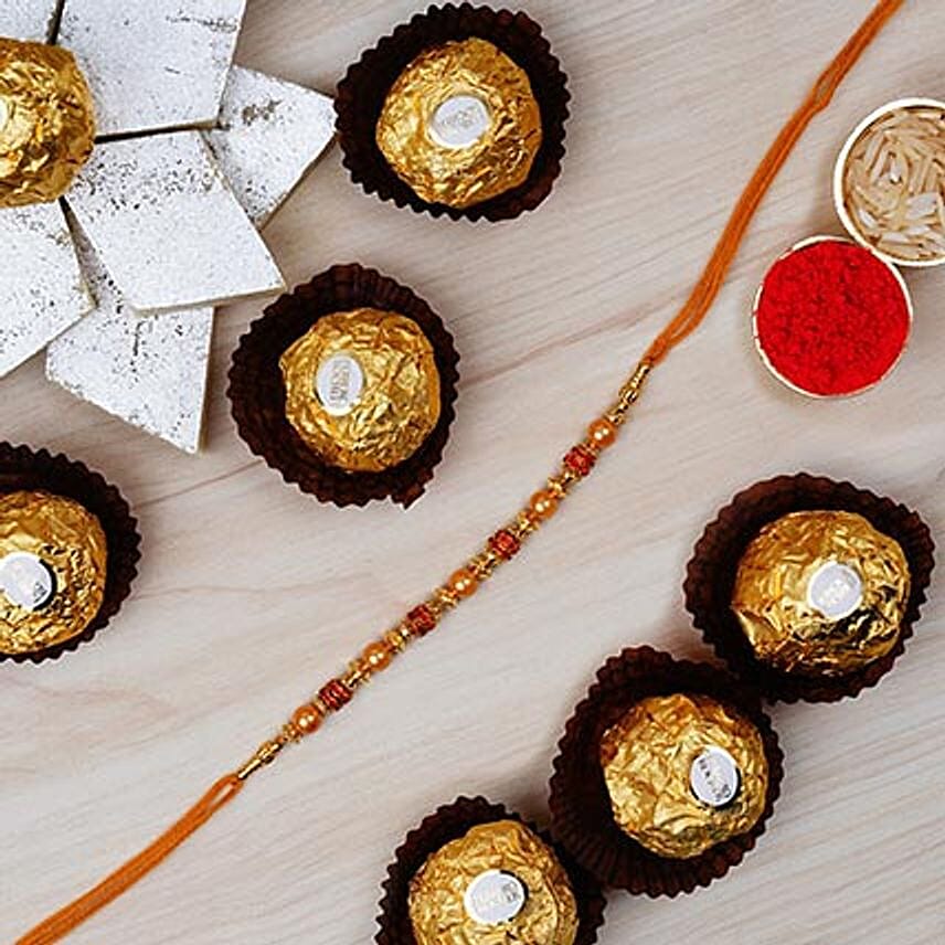 Golden Red Thread Rakhi And Kaju Katli Combo Delivery In Singapore FNP SG